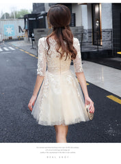 Light Champagne Cute Lace Short Party Dress