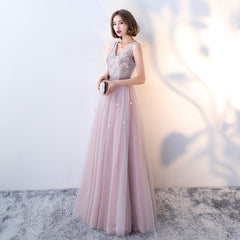 Pink Beaded V-neckline Tulle Long Party Dresses