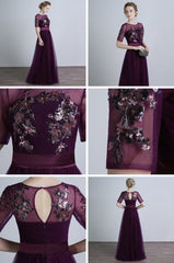 Dark Purple Short Sleeves Tulle with Sequins Applique Party Dress