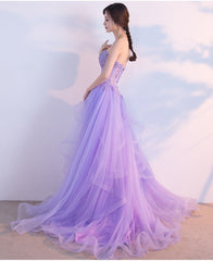 Light Purple Layers Tulle Lace Applique Long Formal Dress