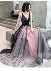 Vestidos formales largos de tul con encaje elegantes en rosa y negro