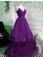 Beautiful Purple V-neckline Straps Layers Tulle Party Gown