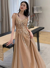 Champagne V-neckline Tulle with Lace Party Dress
