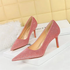 Versatile Style Bling Party Pumps Thin Super High Heel Shallow Mouth Pointed Toe Corduroy Wedding Single Shoes