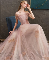 Pink Tulle A-line Off-the-shoulder Long Prom Dresses Lace Evening Dress