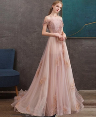 Pink Tulle A-line Off-the-shoulder Long Prom Dresses Lace Evening Dress