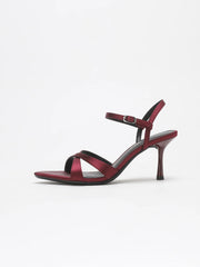 BURGUNDY SATIN HIGH HEEL SANDALS CRISS CROSS STRAP ANKLE BUCKLE STILETTO PARTY WEDDING SHOES