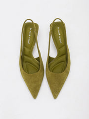 OLIVE GREEN FAUX SUEDE SLINGBACK KITTEN HEELS POINTED TOE LOW HEEL PUMPS ELEGANT DRESS PARTY OFFICE SHOES