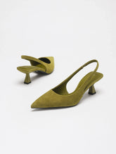 OLIVE GREEN FAUX SUEDE SLINGBACK KITTEN HEELS POINTED TOE LOW HEEL PUMPS ELEGANT DRESS PARTY OFFICE SHOES