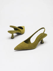 OLIVE GREEN FAUX SUEDE SLINGBACK KITTEN HEELS POINTED TOE LOW HEEL PUMPS ELEGANT DRESS PARTY OFFICE SHOES
