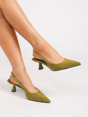OLIVE GREEN FAUX SUEDE SLINGBACK KITTEN HEELS POINTED TOE LOW HEEL PUMPS ELEGANT DRESS PARTY OFFICE SHOES