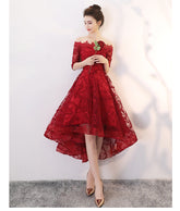 Wine Red Lace High Low Lovely Short Off Shoulder Party Dress