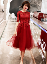 Wine Red Short Sleeves Lace and Tulle Lovely Homecoming Dress