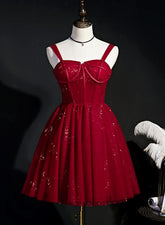 Wine Red Short Tulle Straps Cute Homecoming Dress