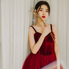 Wine Red Tea Length Velvet Top and Tulle Party Dress
