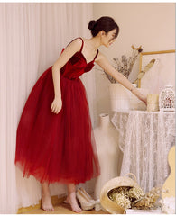 Wine Red Tea Length Velvet Top and Tulle Party Dress