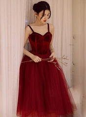 Wine Red Tea Length Velvet Top and Tulle Party Dress