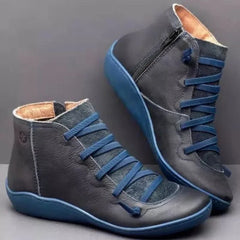 Leather Ankle Snow Boots Woman Flat Shoes Short Vintage Boots with Fur Female Lace Up Boots