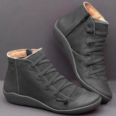 Leather Ankle Snow Boots Woman Flat Shoes Short Vintage Boots with Fur Female Lace Up Boots