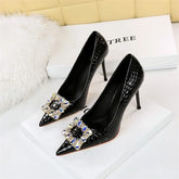 Elegant High Heel Stiletto Pumps Pointed Toe Black White Bling Metal Rhinestone Buckle Wedding Event Single Shoes