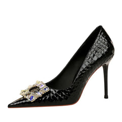 Elegant High Heel Stiletto Pumps Pointed Toe Black White Bling Metal Rhinestone Buckle Wedding Event Single Shoes