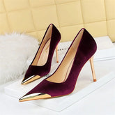 Comfort Suede High Heels Green Burgundy Pumps Metal Cap Pointed Toe Velvet Evening Party Office Single Shoes