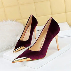 Comfort Suede High Heels Green Burgundy Pumps Metal Cap Pointed Toe Velvet Evening Party Office Single Shoes