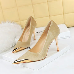 Comfort Suede High Heels Green Burgundy Pumps Metal Cap Pointed Toe Velvet Evening Party Office Single Shoes