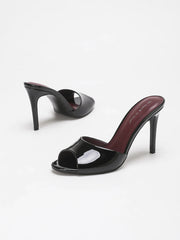 Glossy Patent PU Leather Open Peep Toe Slide Mule Sandals Slip On Stiletto High Heels Backless Slippers Party