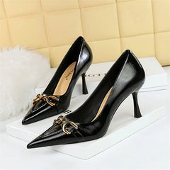 High Heel Stiletto Shallow Mouth Pointed Toe Wine Red Office Comfort Metal Chain Leather Wedding Prom Party Shoes