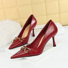 High Heel Stiletto Shallow Mouth Pointed Toe Wine Red Office Comfort Metal Chain Leather Wedding Prom Party Shoes
