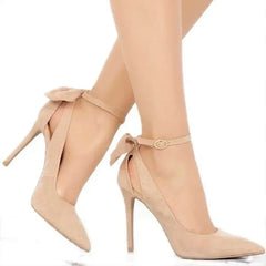 Stilettos Bowknot 11cm Pointed Toe Thin Ankle Strap Flock High Heels Female Red Wedding Shoes
