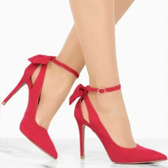 Stilettos Bowknot 11cm Pointed Toe Thin Ankle Strap Flock High Heels Female Red Wedding Shoes