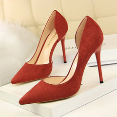 Shallow Mouth Side Hollow Flock High Heels Pumps Black Pink Red Stiletto Office Wedding Pointed Toe Single Shoes