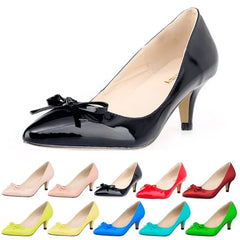Shoes Sexy 5cm Low Mid Kitten High Heels PU Patent Leather Pointed Toe Work Pumps With Bowknot Wedding Shoe Plus Size