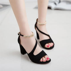 Suede High Heeled Shoes Woman Open Toe Sandals Beaded Buckle Solid High Heel Sandals Zapatos Mujer