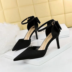 Sweet Pumps Shallow Mouth Pointed Toe Satin Bow Hollow Thin High Heel Red Wedding Buckle Stiletto