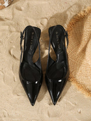 Black Patent Leather Pointed Toe Slingback Pumps - Metal Buckle Low Block Heel Sandals