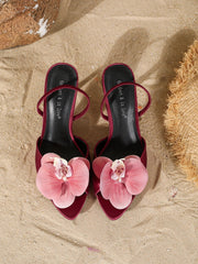 Burgundy Satin Orchid Stiletto Heeled Mules