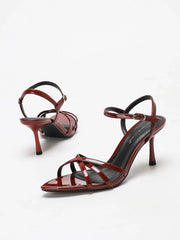 Commute-Chic Burgundy Criss-Cross Strap Ankle-Clasp Heeled Sandals
