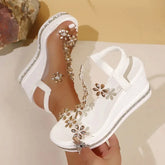 Floral Rhinestone Decorative Sandals Bohemian Style Open Toe Thick Platform Wedge Heel Temperament Beach Sandal