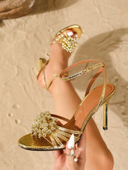 Gold Beaded Open Toe AnkleStrap Stiletto Heels