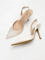 Ivory Satin Pointed-Toe Slingback Heeled Sandals
