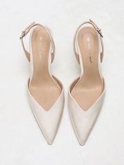 Ivory Satin Pointed-Toe Slingback Heeled Sandals