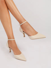 Nude Pointed Toe Ankle Strap Kitten Heel Pumps