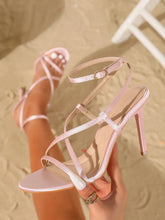 Pink Satin Cross Strap OpenToe Stiletto Heel Sandals with AnkleBuckle