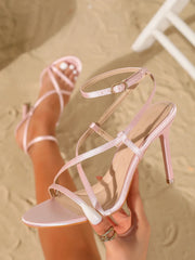 Pink Satin Cross Strap OpenToe Stiletto Heel Sandals with AnkleBuckle