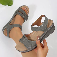 Magic Tape Thick Heel Sandals Roman Style Slip-On Shoes PU Leather Large Size Comfortable Casual Footwear