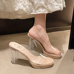 Transparent High Heels Thick-Heeled Sandals Comfortable Casual Open-Toe Fish Mouth Sexy Slippers