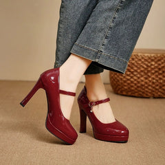 classic round-toe platform heels with thick soles featuring smooth leather texture Sizes available:35-42